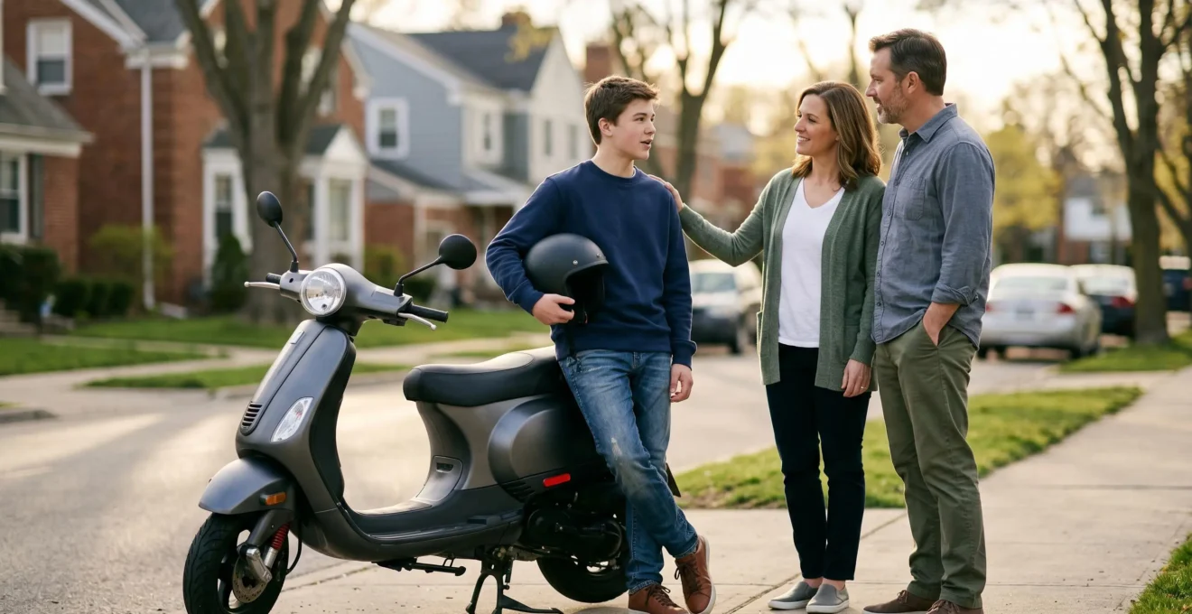 Adolescent avec son scooter 50cc et ses parents discutant d'assurance