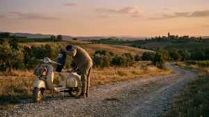 Scooter ancien italien garé sur route avec propriétaire vérifiant le moteur