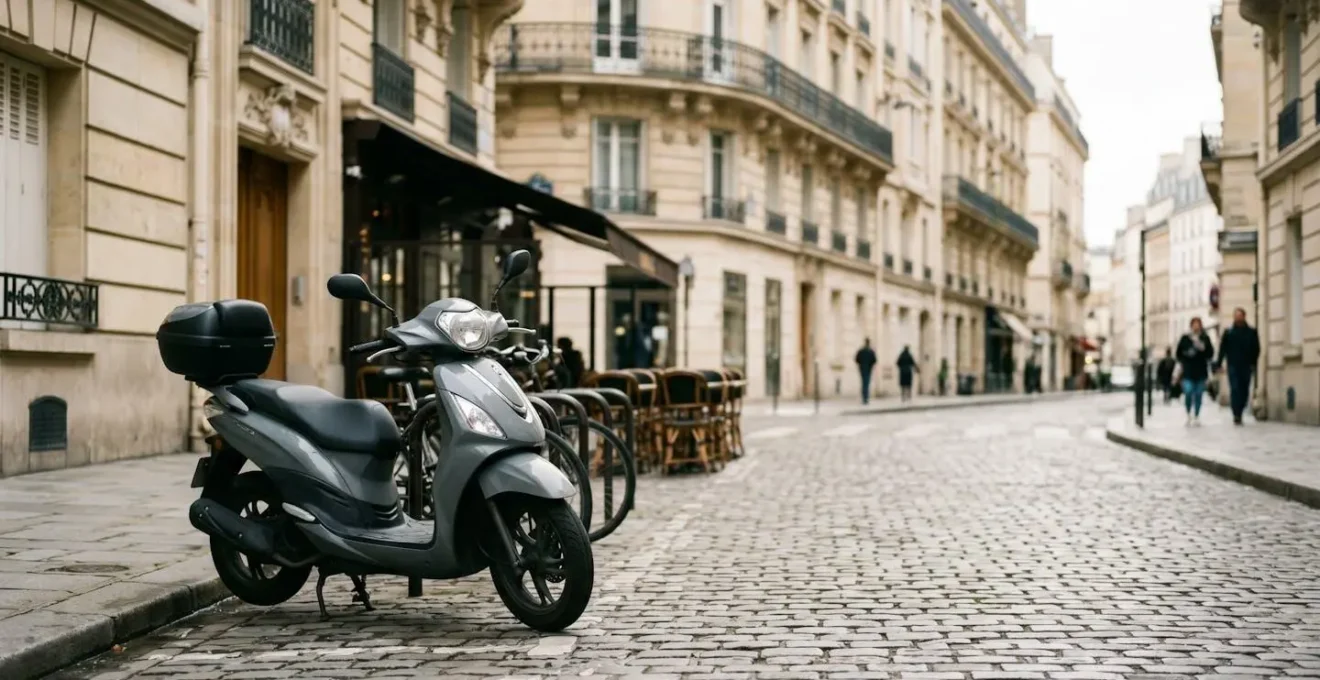 Scene urbaine parisienne avec un scooter 125cc stationne dans un environnement urbain typique