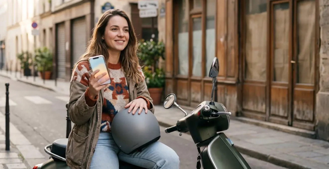 Personne consultant une attestation d'assurance sur son téléphone portable le week-end avec son scooter en arrière-plan