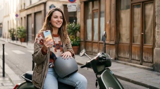 Personne consultant une attestation d'assurance sur son téléphone portable le week-end avec son scooter en arrière-plan