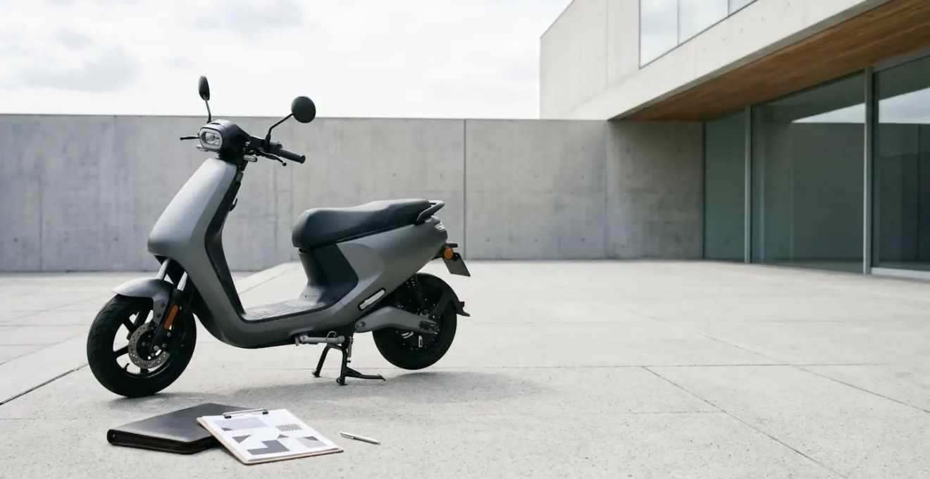 Scooter moderne garé dans un environnement urbain avec contrat de leasing symbolique