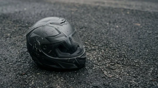 Casque de moto endommagé après un accident illustrant les risques d'un équipement non homologué