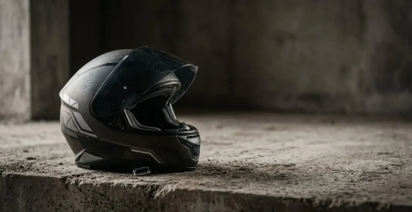 Casque de moto homologué posé sur une surface avec rétro-réfléchissants visibles, évoquant la sécurité routière et la réglementation