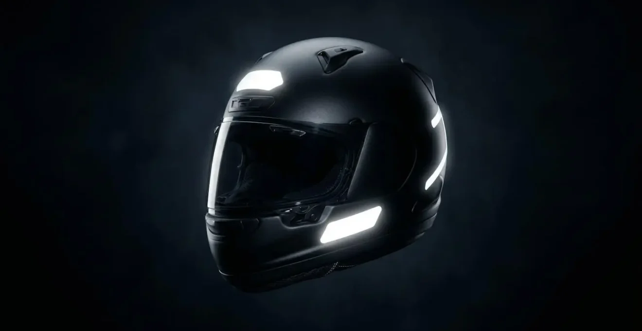 Casque de moto noir avec autocollants rétro-réfléchissants illuminés dans l'obscurité, photographié en gros plan pour illustrer l'importance de la visibilité nocturne