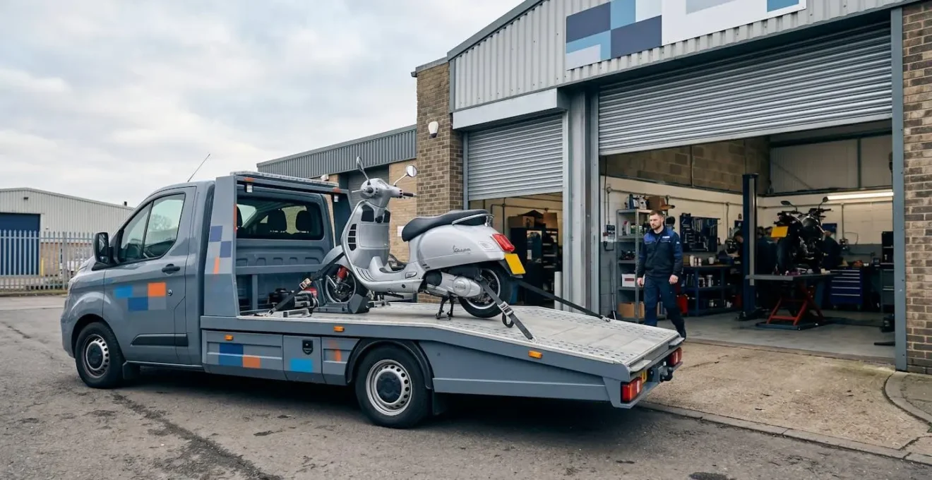 Professionnel effectuant le remorquage d'un scooter sur plateau vers un garage spécialisé