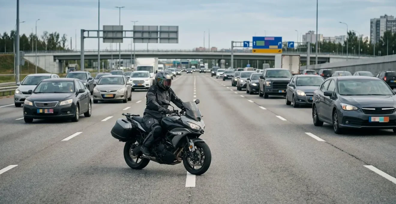 Motard pratiquant la circulation inter-files en toute sécurité sur autoroute urbaine