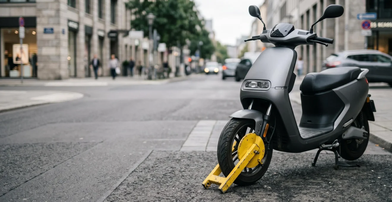 Scooter immobilisé avec sabot de fourrière sur fond urbain, symbolisant la confiscation pour infractions routières