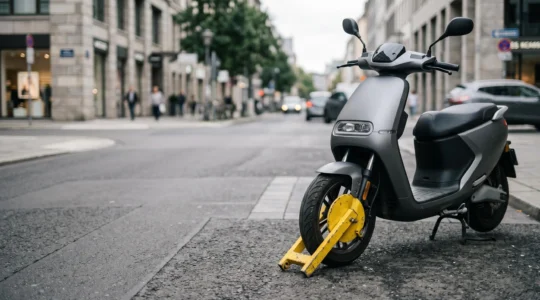 Scooter immobilisé avec sabot de fourrière sur fond urbain, symbolisant la confiscation pour infractions routières