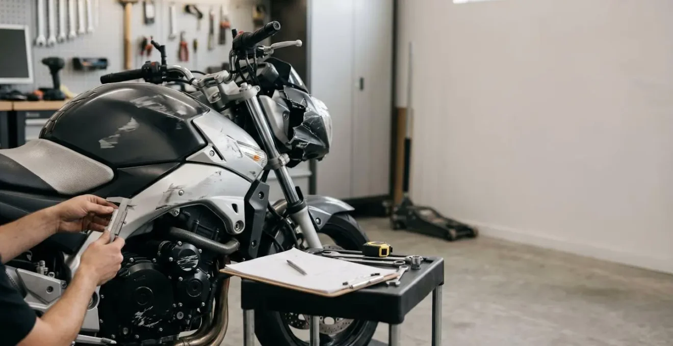 Expert évaluant les dommages sur une moto accidentée lors d'une expertise contradictoire