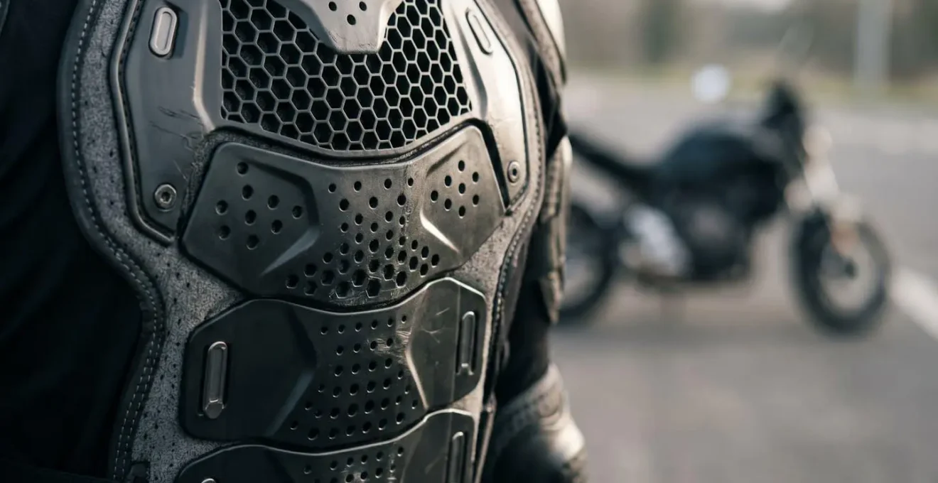 Gros plan sur une dorsale de protection moto moderne positionnée sur le dos d'un motard, illustrant la protection essentielle de la colonne vertébrale