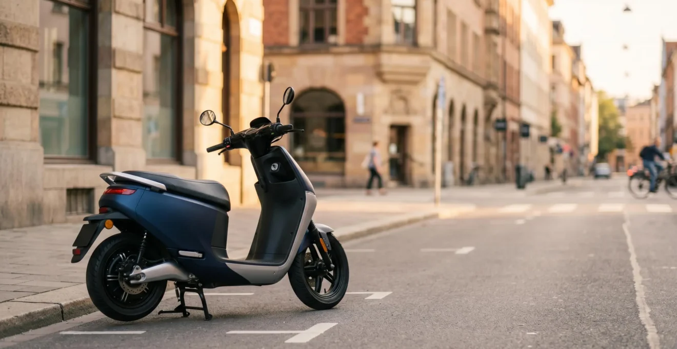 Scooter stationné dans un environnement urbain avec éclairage naturel évoquant des économies d'assurance