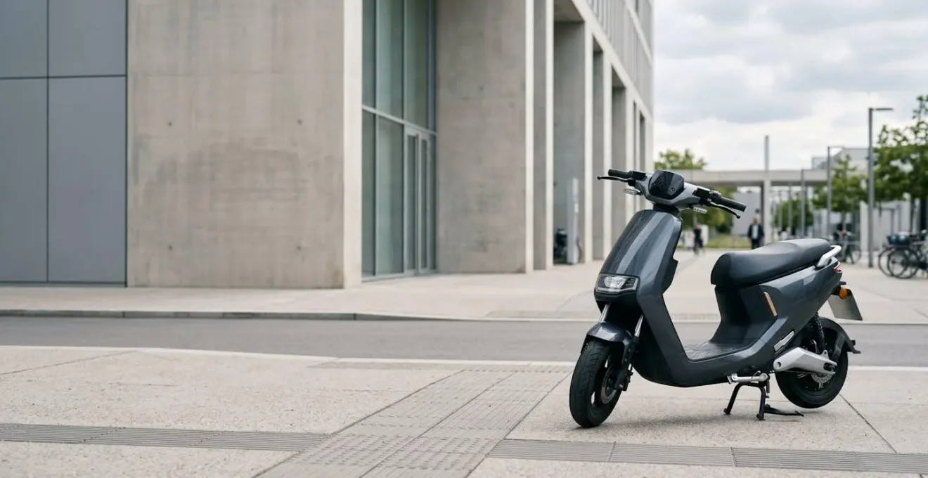 Scooter moderne garé dans un environnement urbain avec espace négatif suggérant une décision importante