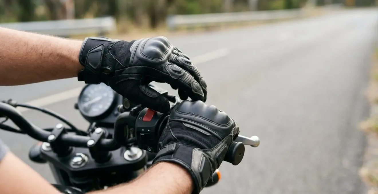 Gros plan sur des gants de moto certifiés CE avec protection des métacarpes, démontrant les coques et renforts de sécurité