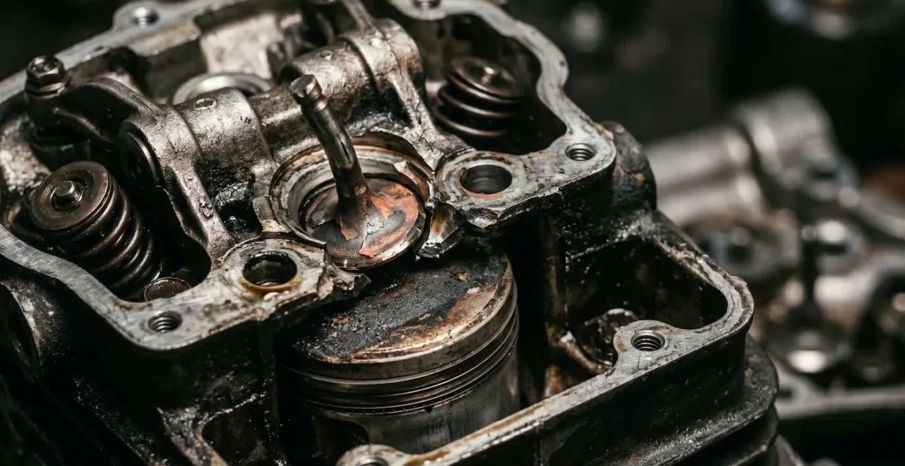 Vue détaillée d'un moteur de scooter démonté présentant des pièces mécaniques endommagées