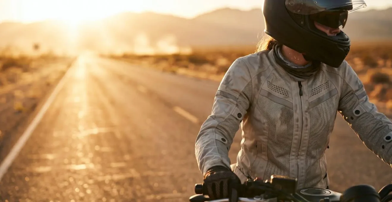 Motard en blouson d'été ventilé sur route ensoleillée en pleine canicule