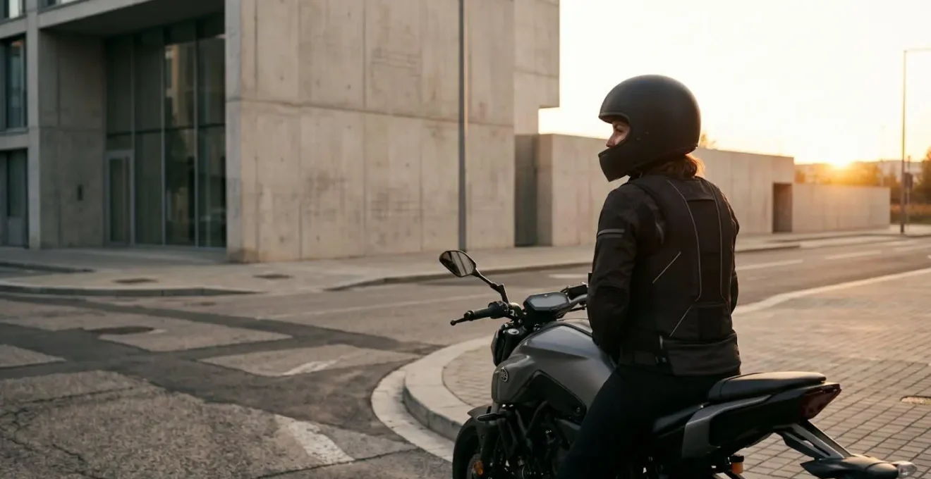 Motard équipé d'un gilet airbag autonome sur sa moto dans un environnement urbain moderne