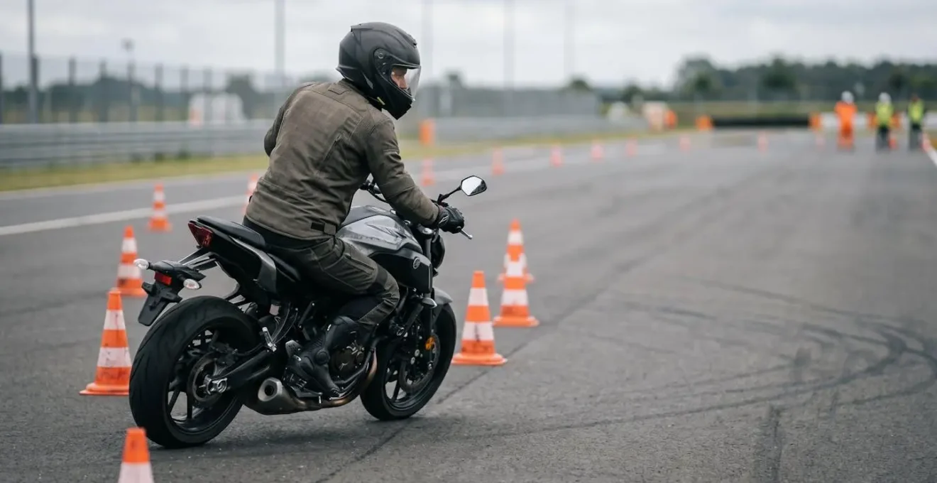 Motard concentré sur le parcours lent lors de la formation passerelle A2 vers A sur un plateau d'examen