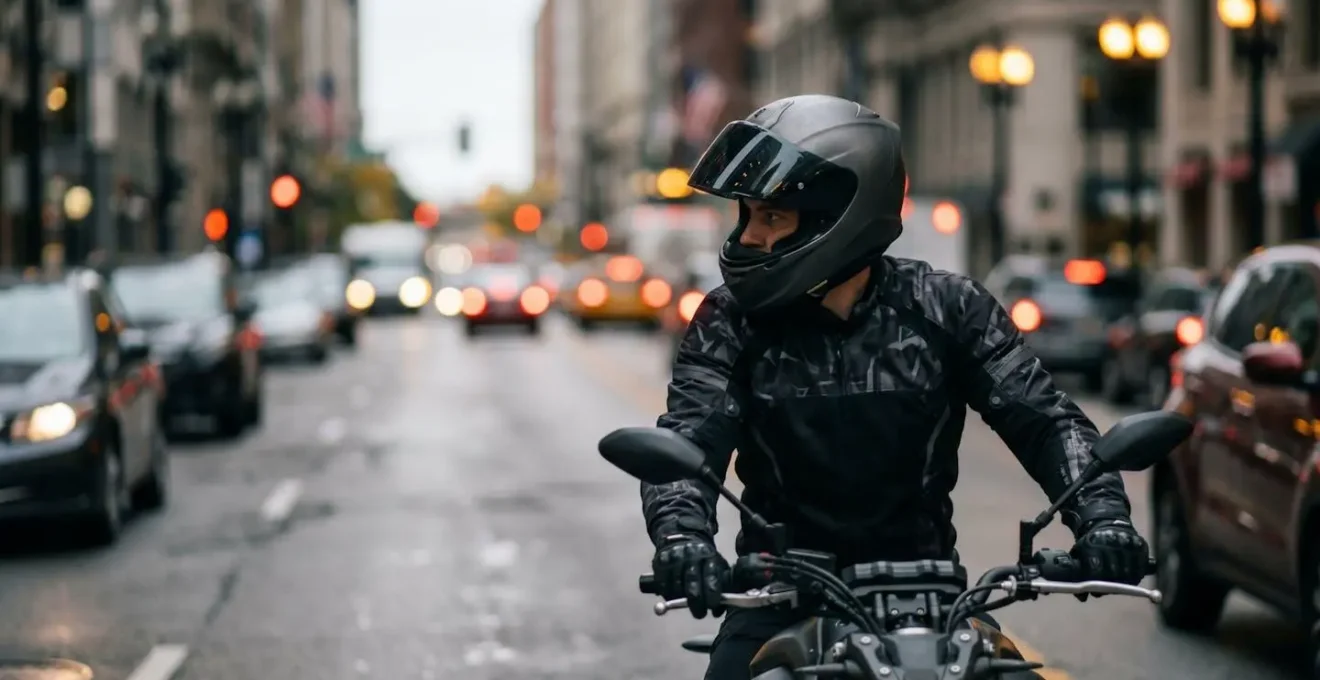 Motard en circulation urbaine adoptant une posture de conduite défensive et vigilante