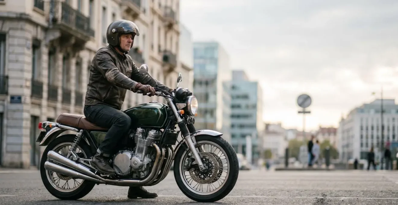 Motard avec casque sur une moto vintage dans une rue urbaine encadrée par une signalisation de zone de restriction