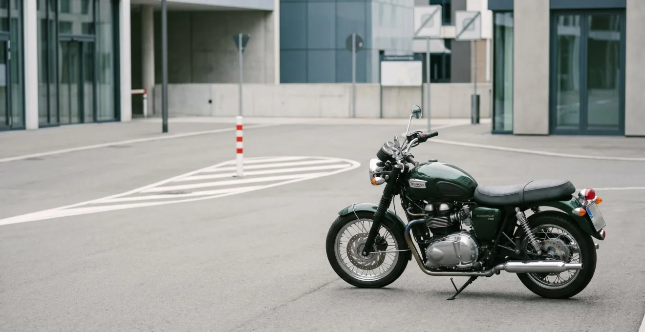Moto vintage stationnée dans un environnement urbain avec signalisation en arrière-plan