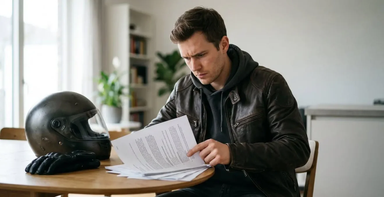 Motocycliste examinant attentivement des documents administratifs d'assurance avec concentration et détermination