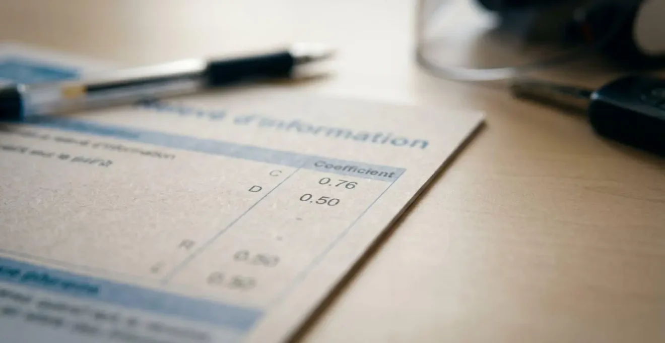 Document de relevé d'information d'assurance scooter avec coefficient bonus-malus en gros plan, profondeur de champ réduite