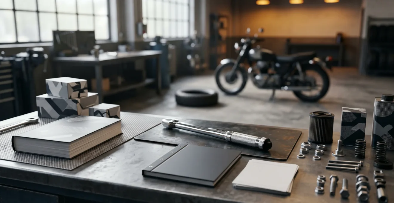 Gros plan sur un carnet d'entretien moto et des outils de mécanique professionnels dans un atelier, symbolisant l'importance du suivi des révisions constructeur