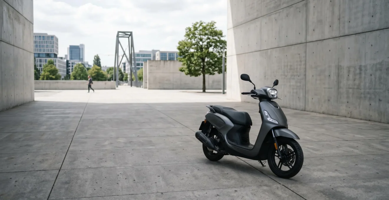 Scooter 125cc moderne garé dans un environnement urbain minimaliste illustrant la valeur résiduelle