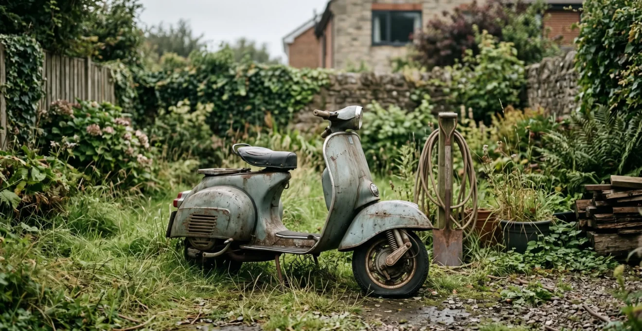 Scooter ancien immobilisé dans un jardin privé avec végétation environnante
