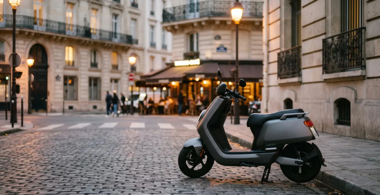 Scooter garé sur trottoir urbain la nuit, ambiance ville dense